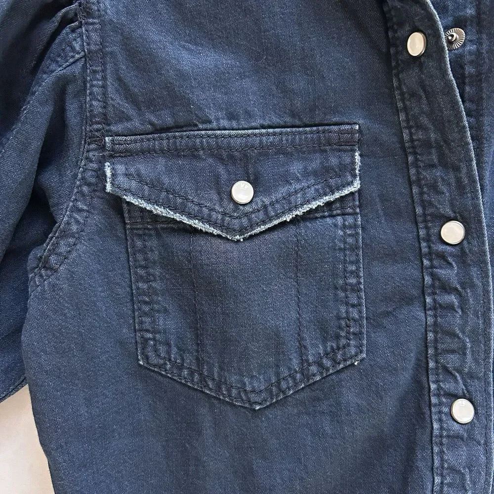 Free People With Love Snap Denim Western Shirt‎ Size XS Dark Cowgirl Puff sleeve